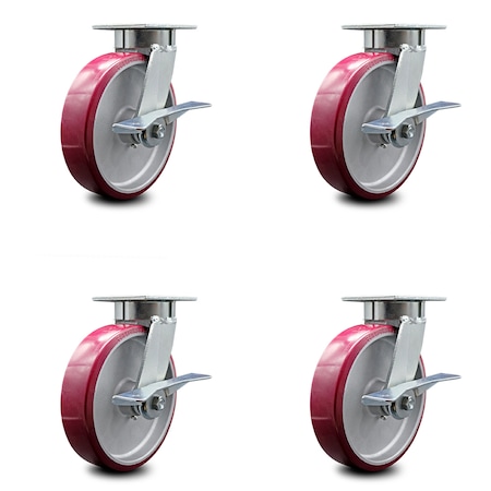 Service Caster 8 Inch Kingpinless Poly on Aluminum Wheel Swivel Caster Set with Brakes SCC SCC-KP30S820-PAR-SLB-4